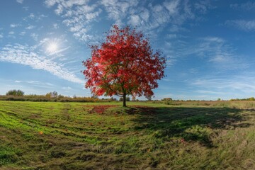 Panorama of a maple tree on a meadow against a blue sky