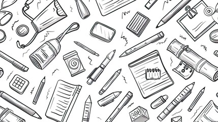 School supplies pattern background. Education accessories pencil and notebook black line doodle cartoon on white background. Back to school banner
