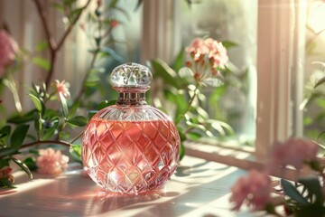 Pink Perfume Bottle With Flower Bouquet in Sunlight by Window