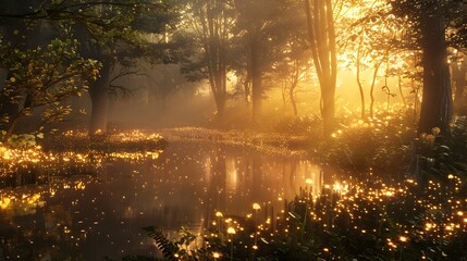 Obraz premium Ethereal Luminescent Forest with Glowing River and Mystic Fog