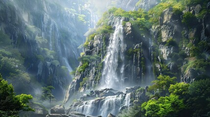 Majestic Waterfall Cascading Through Lush Green Mountains