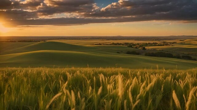 The Timothy agricultural crop in Lethbridge, Alberta, Canada, gracefully sways in the wind as the sun sets.
