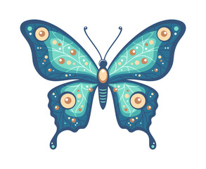 Blue and green butterfly with a pattern of lines and circles on the wings, isolated on a white background. Vector illustration