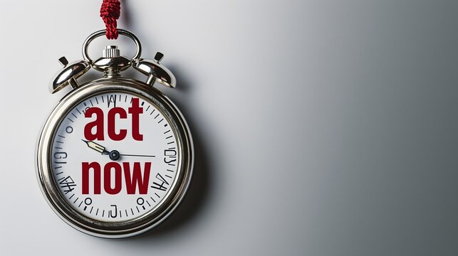 A bright red clock with a flashing "act now" message, urging immediate action and emphasizing the importance of time-sensitive decisions
