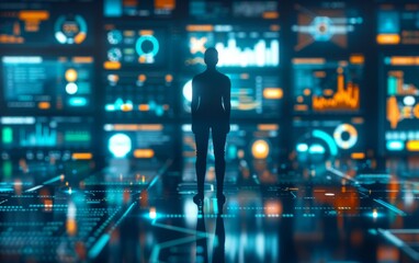 A futuristic silhouette stands before a wall of glowing digital displays, representing data analysis and technology.