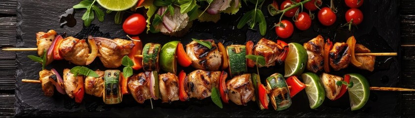 Delicious grilled chicken kebabs with vegetables and lime on black background. Healthy barbecue skewers ready to eat.