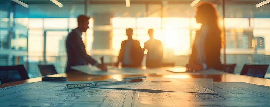 Business professionals discussing a project in a modern office setting with sunlight streaming through large windows in the background.