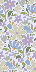 Vector summer seamless pattern with natural elements, flowers, leaves in modern trendy style.