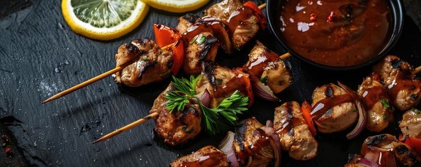 Fototapeta premium Grilled chicken skewers with vegetables and lemon, served with a dipping sauce on a black surface.