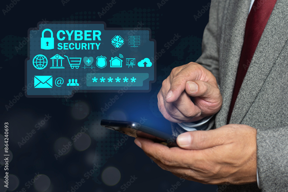 Aufkleber businessman hand using smartphone protection against cyber threats, secure storage through cloud com