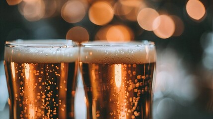 Close up, double craft beer on the dark bar table, amber glass, drunken atmosphere, nightlife, bar, drinking, alcohol, hops, malt, foam head, craft, dark, bar, table, amber, glass, close-up, beer
