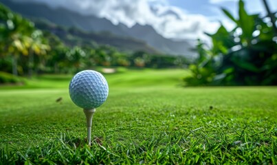A golf ball on a tee with a lush fairway and mountains in the distance