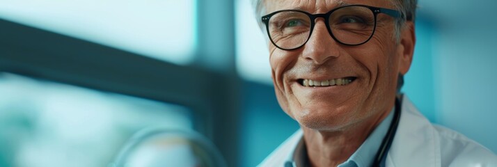 An eyeglasses-wearing doctor at a hospital is shown from a low angle, smiling