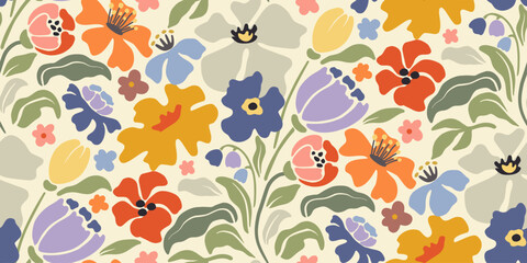 Vector summer seamless pattern with natural elements, flowers, leaves in modern trendy style.