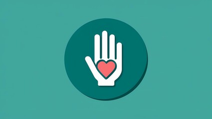Obraz premium Hand with Red Heart Icon on Teal Circle and Teal Background, Flat Design 