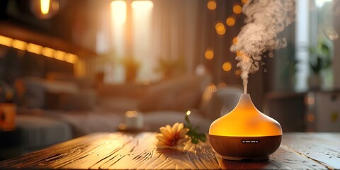 Essential oil diffuser releasing scented steam in a warm home setting. Concept Aromatherapy, Relaxation, Home Wellness, Essential Oils, Diffuser