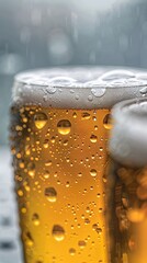 Close up, double craft beer on the dark bar table, amber glass, drunken atmosphere, nightlife, bar, drinking, alcohol, hops, malt, foam head, craft, dark, bar, table, amber, glass, close-up, beer, 