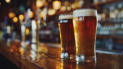 Close up, double craft beer on the dark bar table, amber glass, drunken atmosphere, nightlife, bar, drinking, alcohol, hops, malt, foam head, craft, dark, bar, table, amber, glass, close-up, beer, 