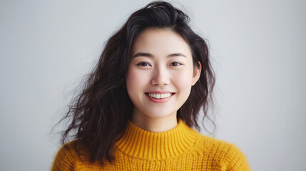 Portrait of a happy smiling young Asian woman in a yellow sweater on a light background