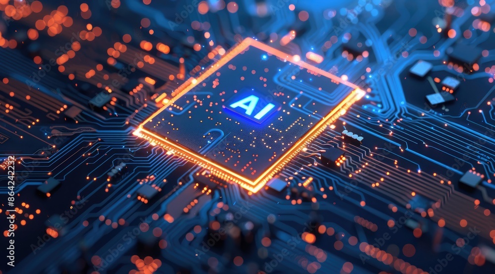 Aufkleber abstract blue circuit board with glowing 'ai' text. artificial intelligence and new technology backg