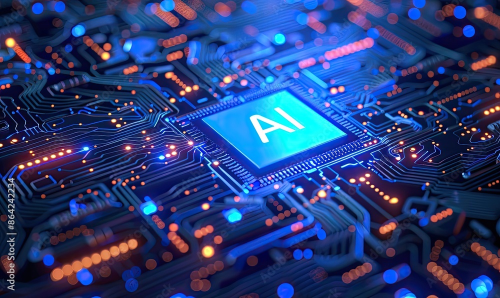 Poster abstract blue circuit board with glowing 'ai' text. artificial intelligence and new technology backg
