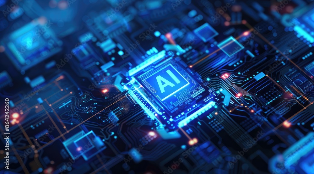 Aufkleber abstract blue circuit board with glowing 'ai' text. artificial intelligence and new technology backg