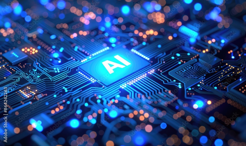 Aufkleber abstract blue circuit board with glowing 'ai' text. artificial intelligence and new technology backg