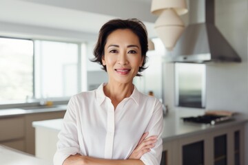 Portrait of a tender asian woman in her 40s donning a classy polo shirt over modern minimalist interior