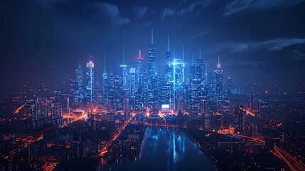 Fototapeta premium Nighttime Aerial View of a Modern City Skyline