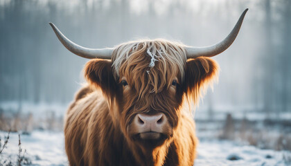 Portrait of a highland cattle in the frost of a winter morning. smoke coming out of its nose, copy space for text.