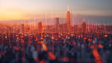 City Skyline at Sunset With Digital Overlay
