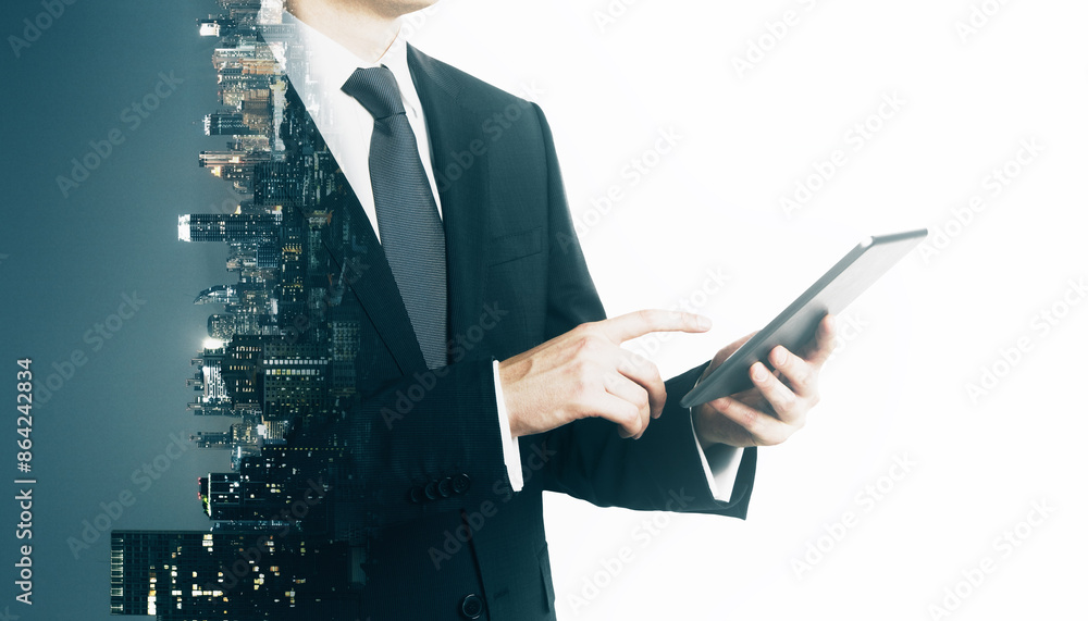 Poster headless young businessman using mobile phone on abstract blurry white city background with mock up 