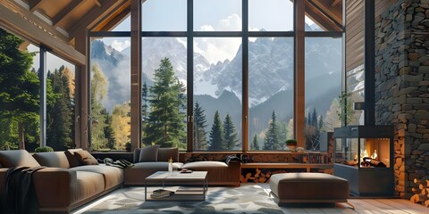 Fototapeta premium Cozy salon with fireplace in luxury mountain chalet. Concept Mountain Chalet, Cozy Salon, Fireplace, Luxury Atmosphere, Relaxing Retreat