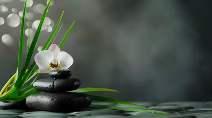 Fototapeta premium Zen stones balanced with a white orchid, set against a gray background. The image conveys a sense of health, well-being, and tranquility, perfect for spa or wellness themes. Ample copy space