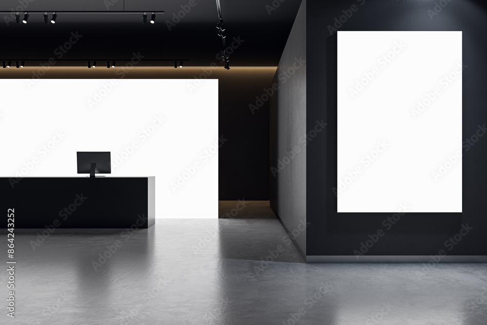 Aufkleber contemporary office interior with white reception desk and mock up banner. 3d rendering.