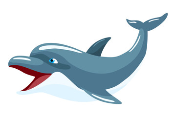 Dolphin cartoon character. Ocean mammal in motion isolated on white. Wild nature animal. Vector illustration of sea life blue fish