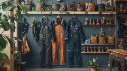 Classic overalls displayed against a simple background, highlighting their practical design and timeless appeal. The minimal setting emphasizes their functionality and connection to manual labor.