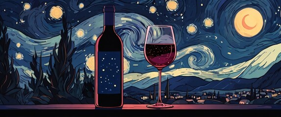 illustration wine in glass with starry night background