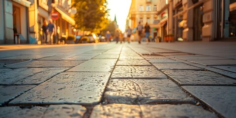 Fototapeta premium City street with pavement sidewalk and buildings urban cityscape photography. Concept Urban Photography, Cityscape Scenes, Street Art, Architecture, Concrete Jungle