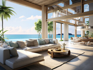 Fototapeta premium Eyecatching Realistic living room interior poster with modern wicker chair lamp plate of fruits