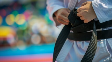 Taekwondo Athlete Tying Black Belt: Symbolic Act of Readiness with Olympic Rings in the Background