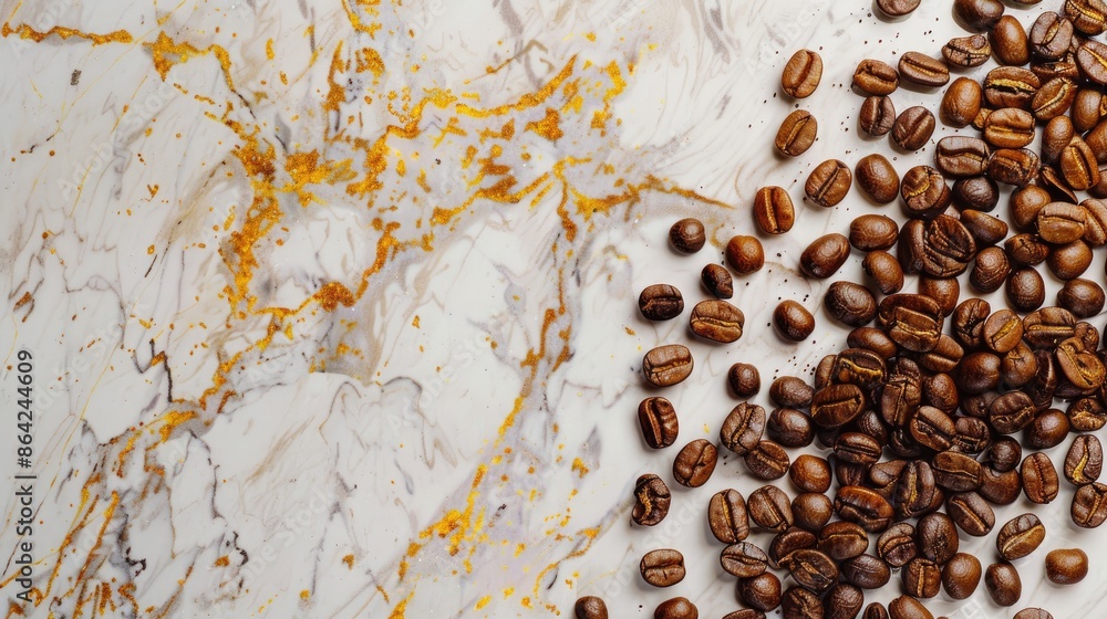 Sticker Coffee beans on white and yellow marble from above - Stickers