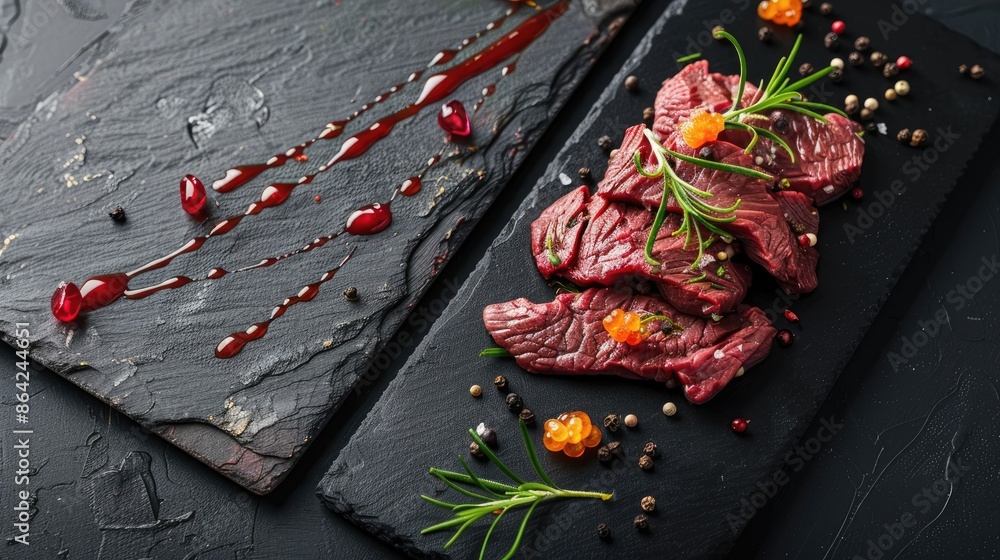 Canvas Prints Raw beef slices served with a tangy sea buckthorn sauce