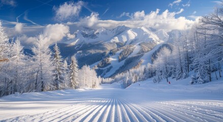 A snow-covered ski slope with a mountain backdrop