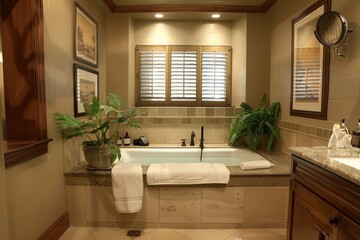 Serene Bathroom with Large Bathtub, Soft Towels, and Elegant Decor for Ultimate Relaxation