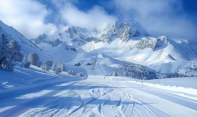 Fototapeta premium A snow-covered ski slope with a mountain backdrop
