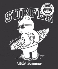 Cute teddy bear cartoon wearing sunglasses with surfboard on the beach on black background illustration, Graphic slogan print.