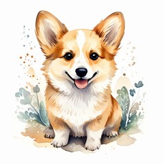 Watercolor Illustration of a Smiling Corgi Dog.