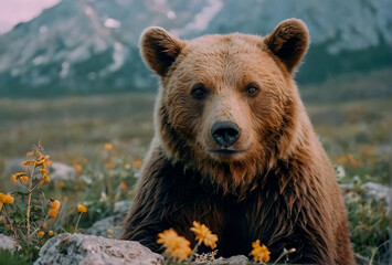 Bear on field among mountains in modern analog photography style