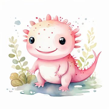 Cute Cartoon Axoloti Watercolor Illustration.